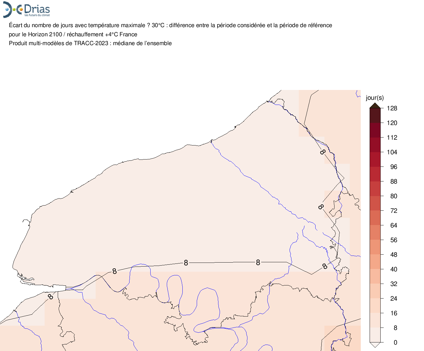 Augmentation de 8 jours de fortes chaleurs (plus de 30°C) en 2100 - TRACC 2023 : +4°C